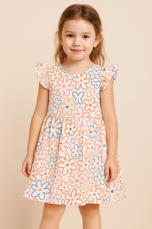 Floral Cartoon Print A-Line Dress for Baby Girls