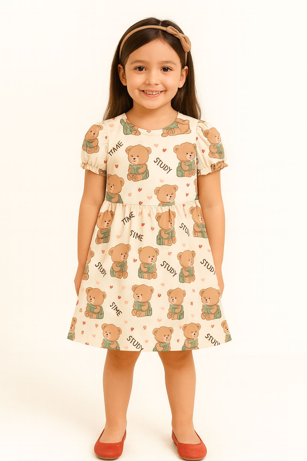 Cute Study Bear Print A-Line Dress for Baby Girls