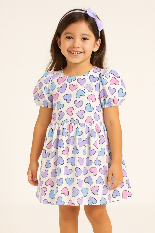 Pastel Heart Print A-Line Dress for Baby Girls