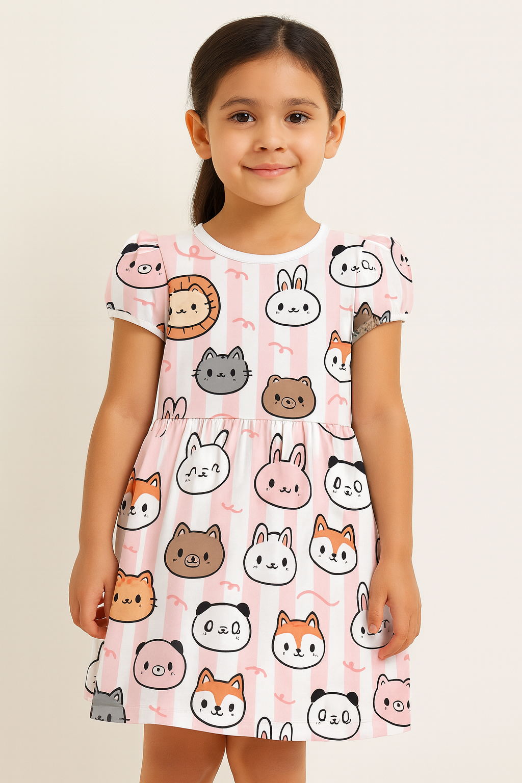 Cute Animal Faces Print A-Line Dress for Baby Girls
