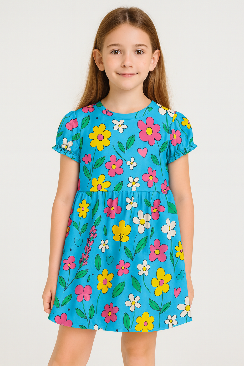 Vibrant Blue Floral Print A-Line Dress for Baby Girls