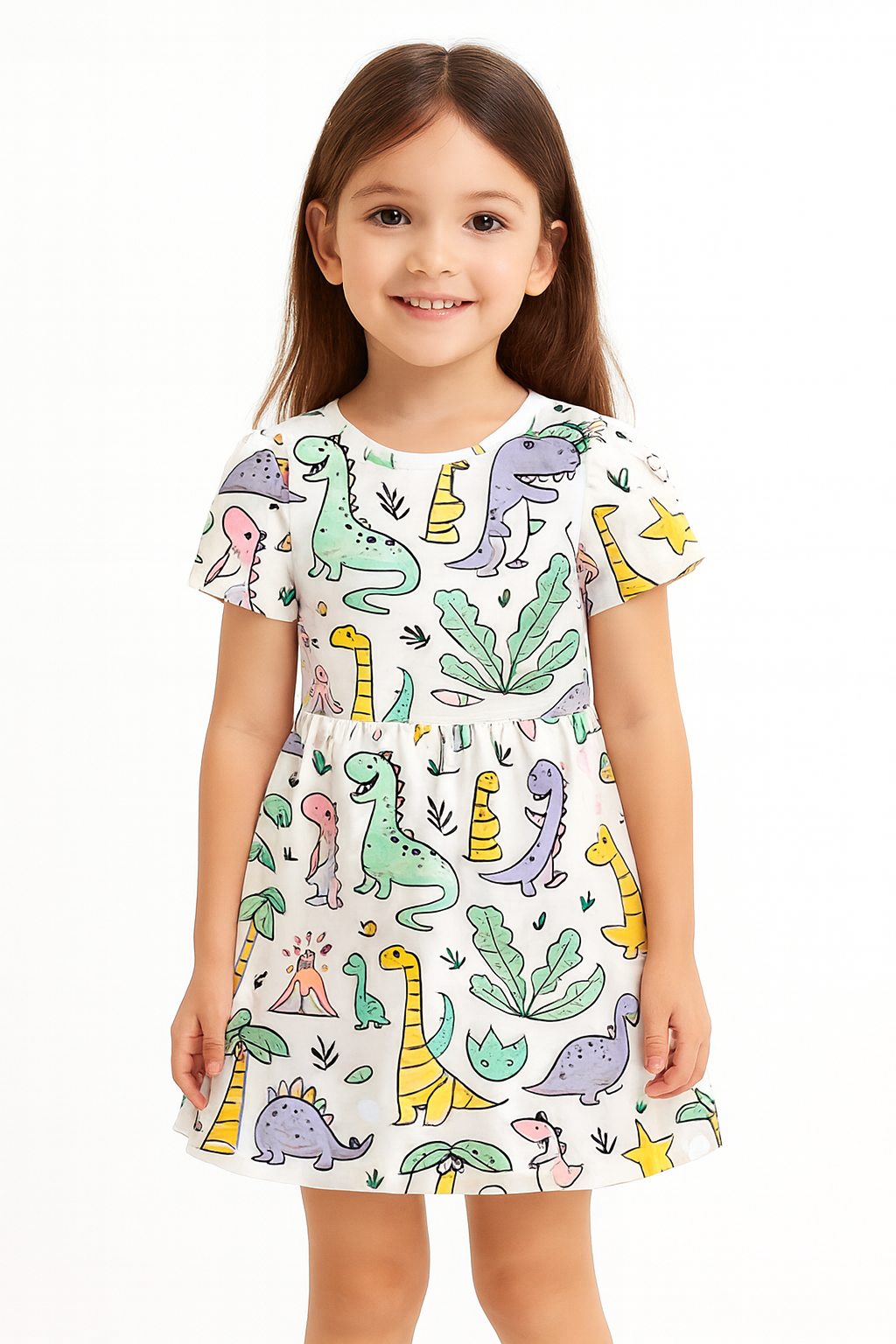 Cute Cartoon Dinosaur Print A-Line Dress for Baby Girls
