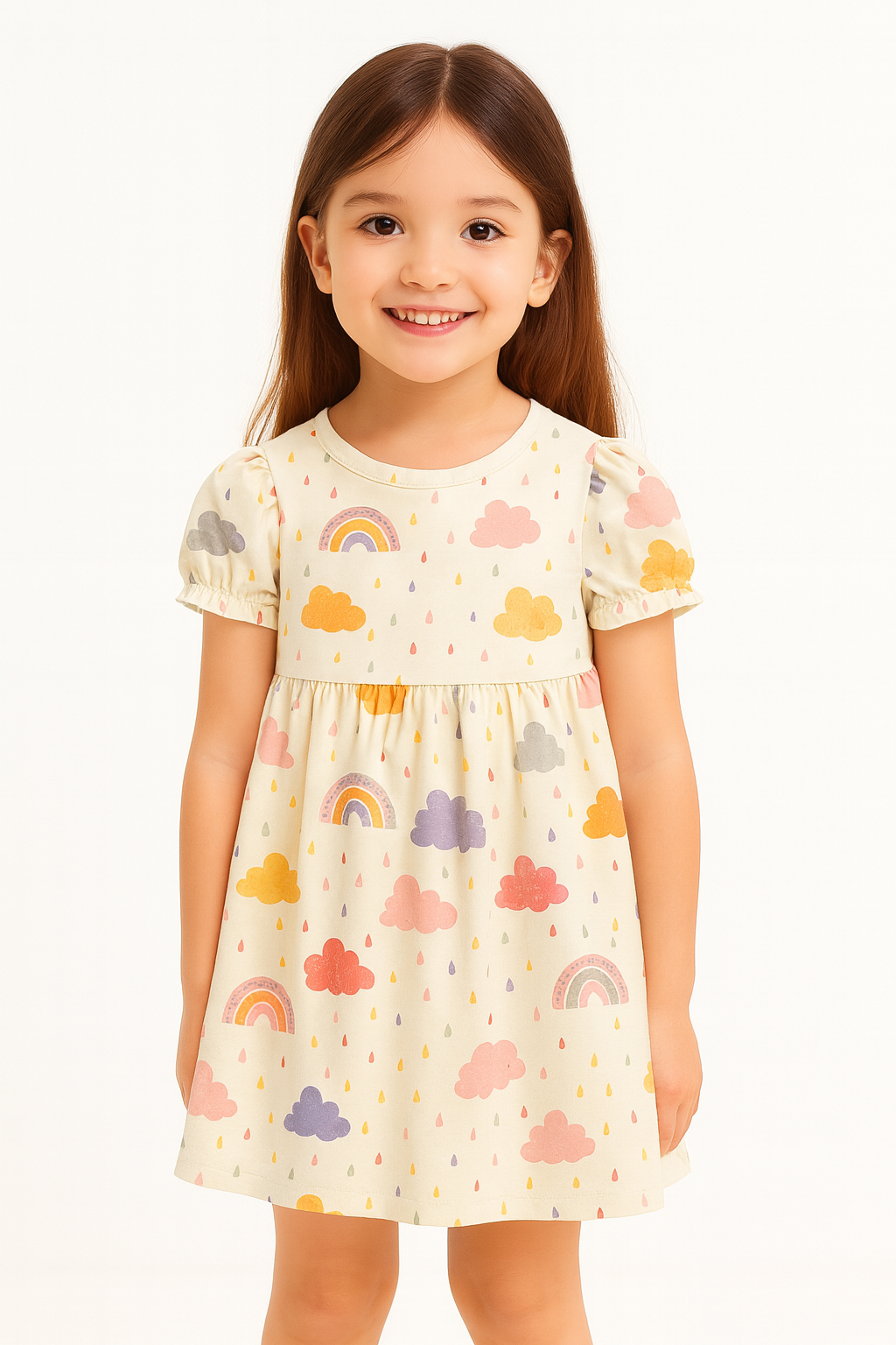Pastel Rainbow & Cloud Print A-Line Dress for Baby Girls
