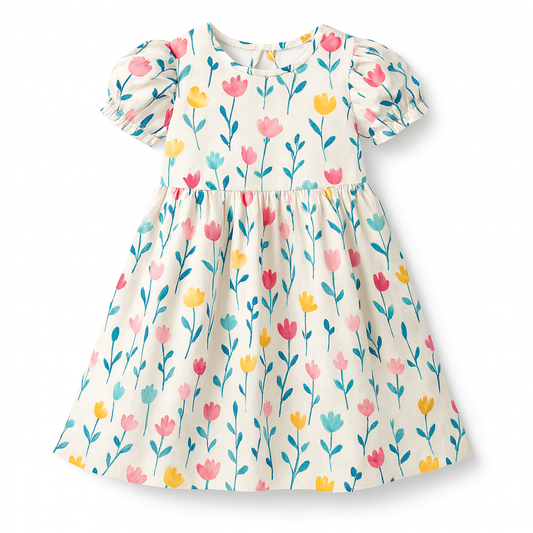 Pastel Tulip Floral Print A-Line Dress for Baby Girls