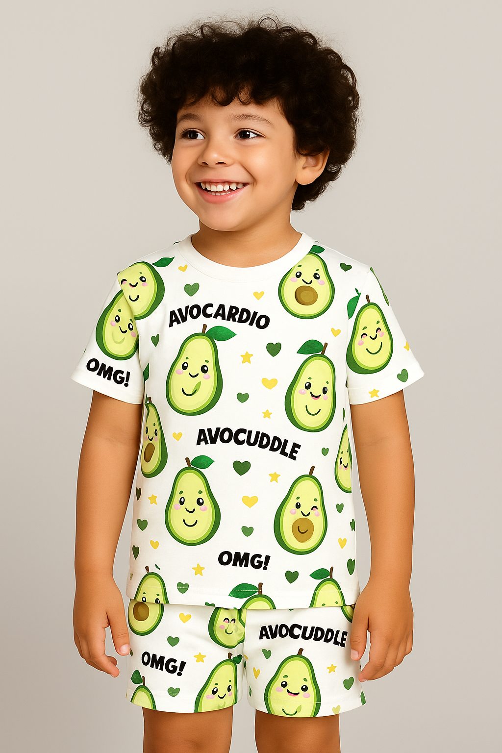 Kids Avocado Print T-Shirt & Shorts Co-ord Set – Soft Looper Polycotton Summer Outfit