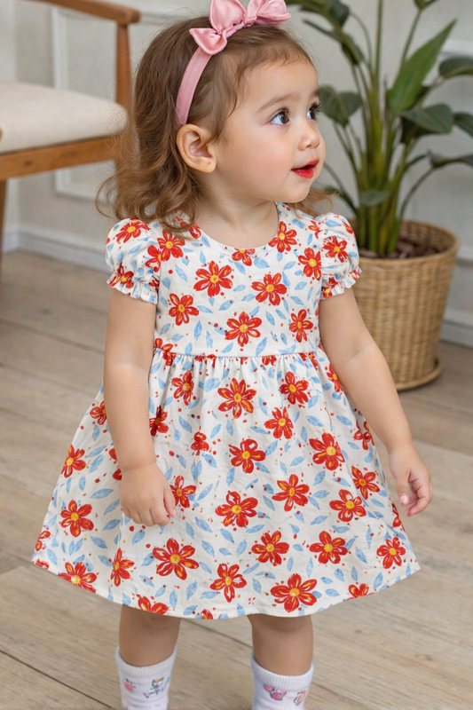 Red Watercolor Floral Print A-Line Dress for Baby Girls