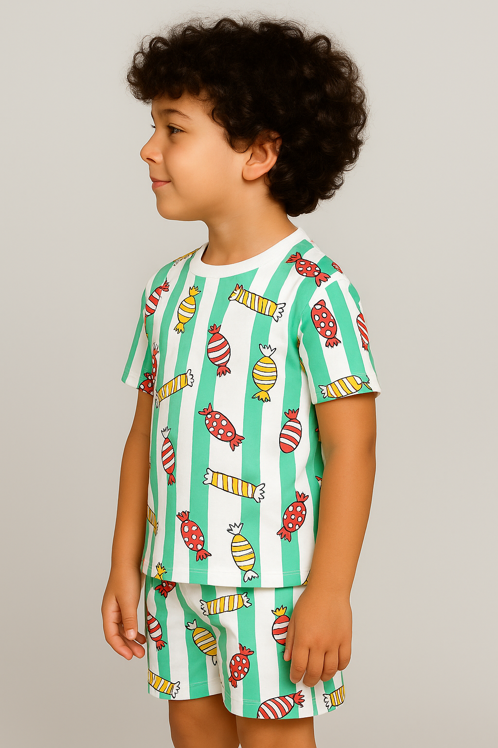 Kids Candy Print T-Shirt & Shorts Co-ord Set – Soft Looper Polycotton Summer Outfit
