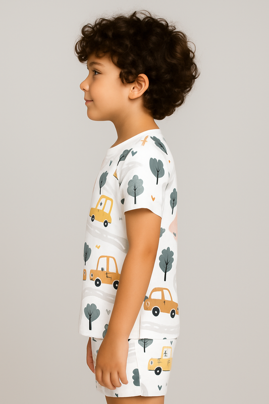 Kids Taxi & Road Map Print T-Shirt & Shorts Co-ord Set – Soft Looper Polycotton Summer Outfit