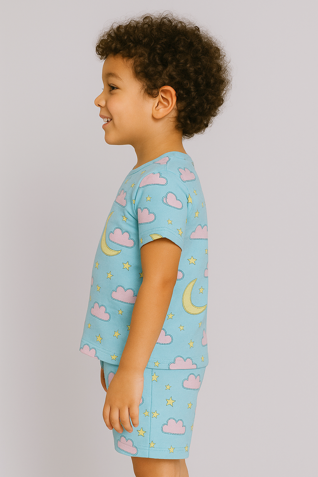 Kids Moon & Clouds Print T-Shirt & Shorts Co-ord Set – Soft Looper Polycotton Nightwear / Loungewear