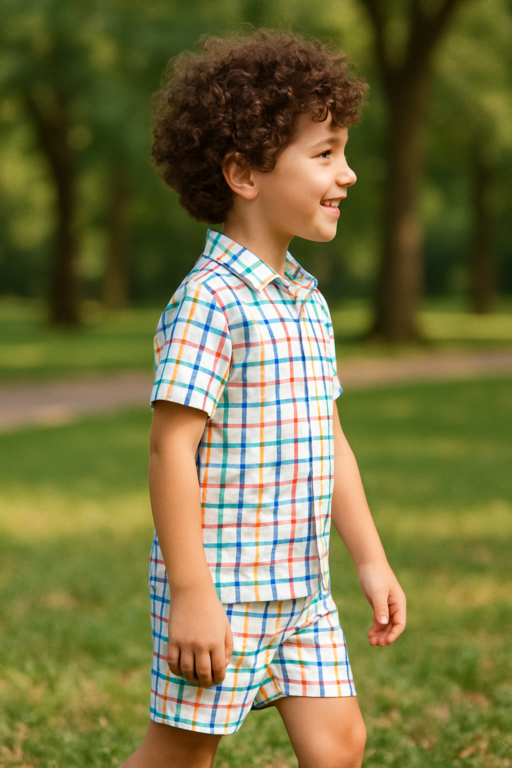 Kids Multicolor Check Print Shirt & Shorts Co-ord Set – Soft Looper Polyester Summer Outfit