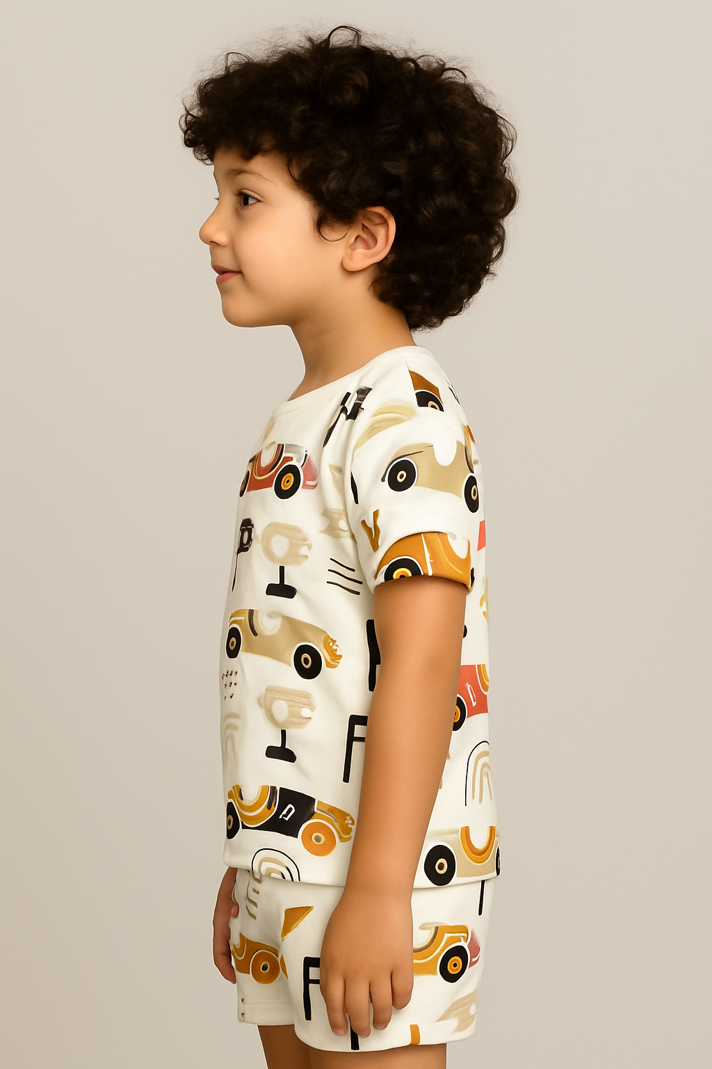 Kids Race Car Print T-Shirt & Shorts Co-ord Set – Soft Looper Polycotton Summer Outfit