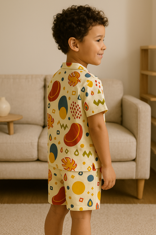 Kids Bean Doodle Print T-Shirt & Shorts Co-ord Set – Soft Looper Polycotton Summer Outfit