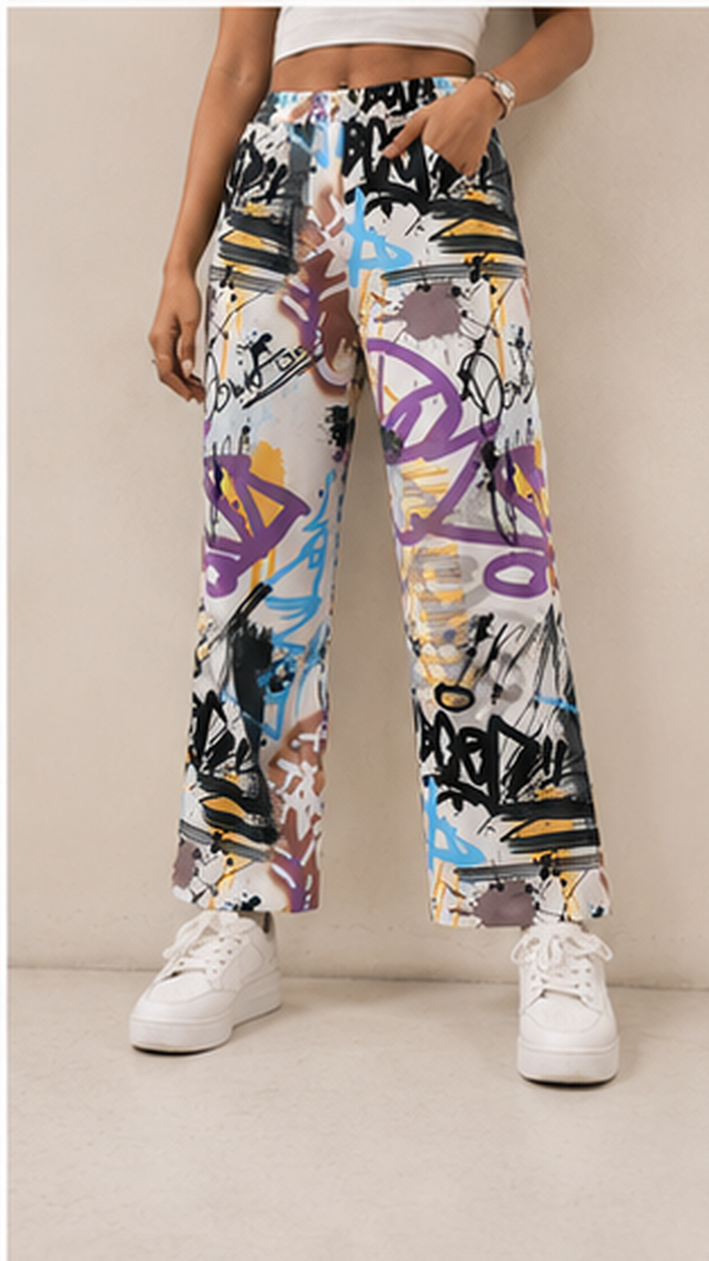 Women Graffiti Printed Wide Leg Pants – Stylish Casual Streetwear & Lounge Trousers