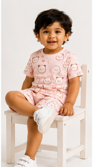 Cute Bunny & Bear Print Kids Co-Ord Set – Soft Cotton T-Shirt & Shorts Outfit for Boys & Girls