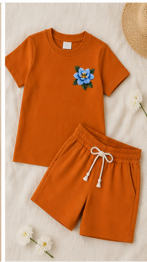 Women’s Rust Orange Co-Ord Set with Floral Embroidery – Cotton Casual T-Shirt & Shorts Lounge Wear