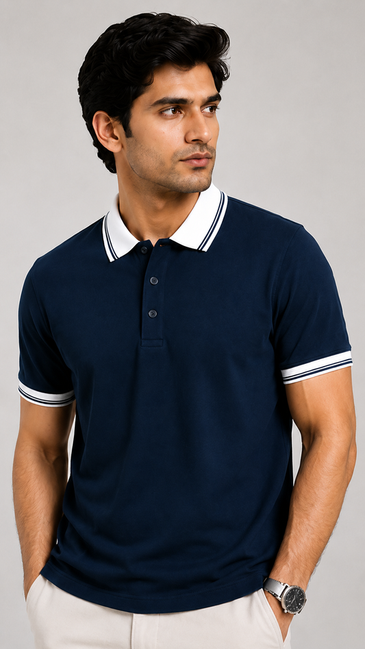 Men’s Premium Navy Blue Polo T-Shirt with White Contrast Collar & Sleeve Stripes