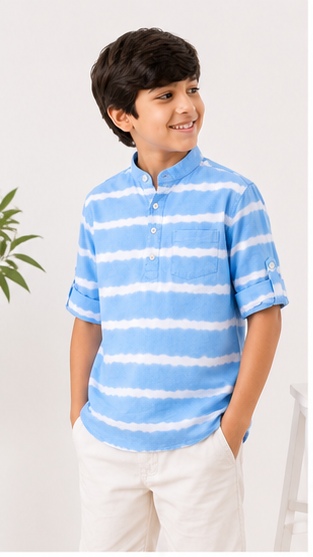 Boys Sky Blue Tie-Dye Striped Mandarin Collar Shirt (Full Sleeve)