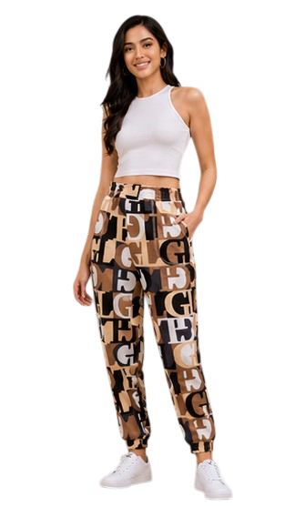 Women Brown Printed Joggers – Trendy Slim Fit Casual Streetwear & Lounge Pants