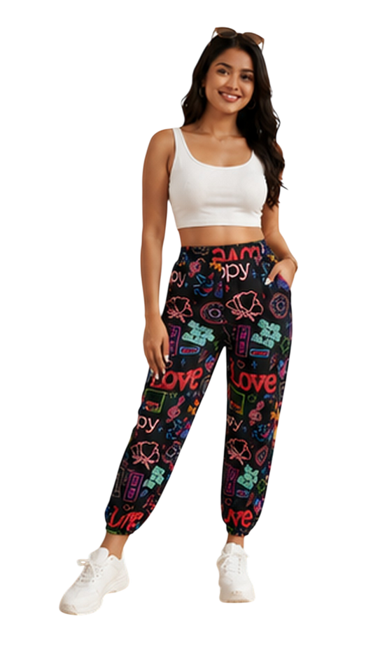 Women Black Neon Printed Joggers – Stylish Casual Lounge & Streetwear Pants