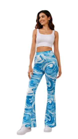 Women Blue Marble Print Flared Pants – Stylish High Waist Casual & Streetwear Trousers