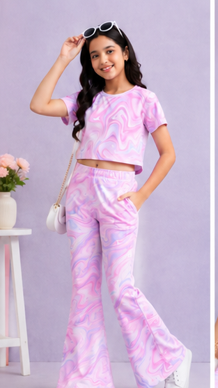 Girls Pink Marble Tie Dye Co-Ord Set | Kids Crop Top & Bell Bottom Pants | Stylish Summer Outfit for Girls
