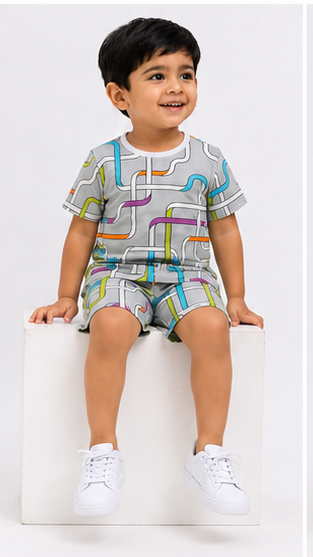 Geometric Line Print Kids Co-Ord Set – Cotton T-Shirt & Shorts Summer Outfit for Boys & Girls