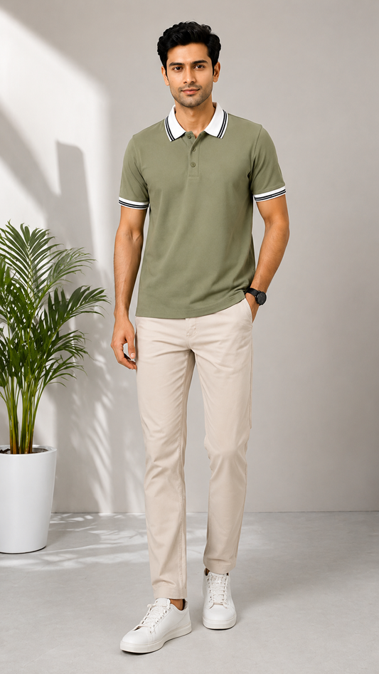 Men’s Premium Sage Green Polo T-Shirt with White Contrast Collar & Sleeve Stripes