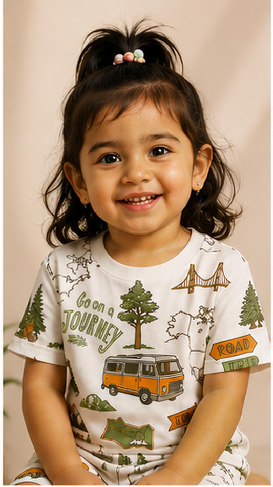 Adventure Travel Print Kids Co-Ord Set – Road Trip Cotton T-Shirt & Shorts for Girls