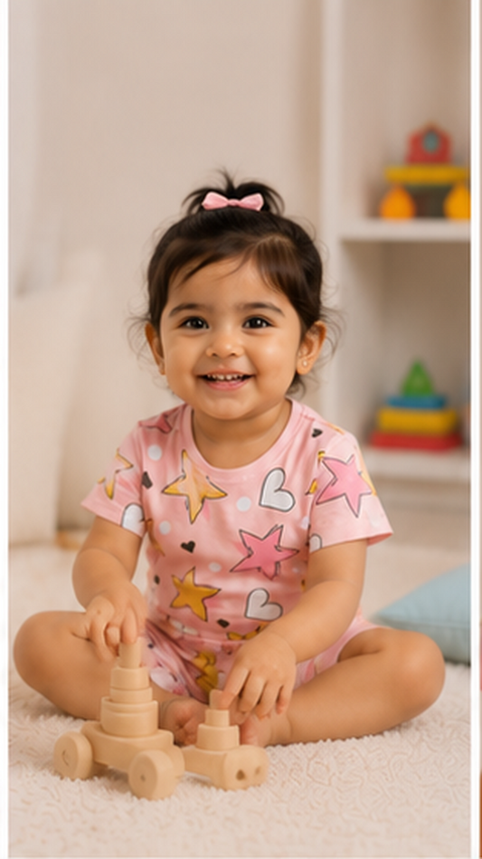 Star & Heart Kids Co-Ord Set – Pink Printed T-Shirt & Shorts for Girls