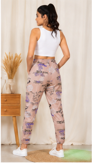 Women Beige Printed Joggers – Trendy Slim Fit Casual Lounge & Streetwear Pants