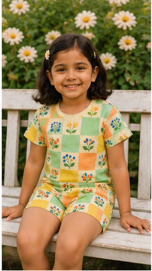 Pastel Check Floral Kids Co-Ord Set – Garden Print T-Shirt & Shorts for Girls