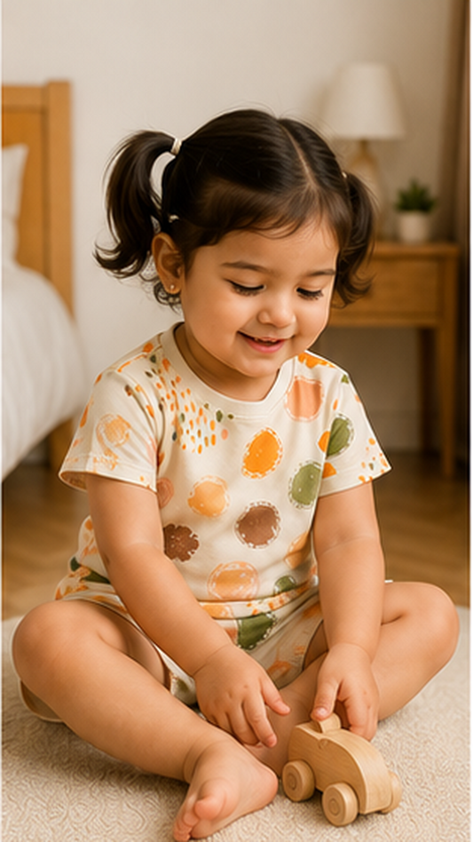 Abstract Polka Dot Kids Co-Ord Set – Soft Cotton Printed T-Shirt & Shorts for Girls