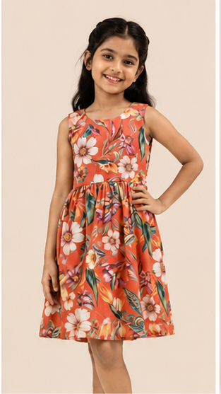 Girls Coral Floral Printed Sleeveless Dress – Soft Summer Kidswear