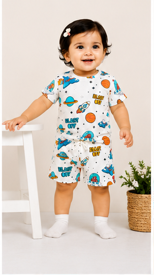 Space Rocket Print Kids Co-Ord Set – Blast Off Cotton T-Shirt & Shorts for Girls