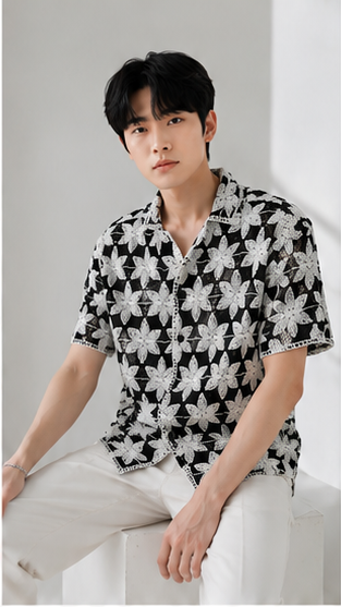 Men's Black & White Crochet Floral Knit Shirt – Handmade Luxury Resort Wear Shirt
