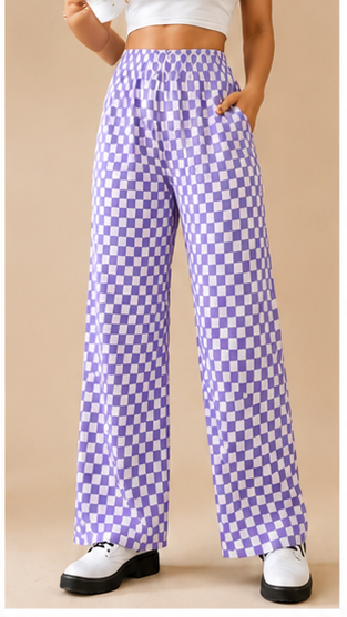 Women Lavender Checkered Wide Leg Pants – Trendy Casual Lounge & Streetwear Trousers