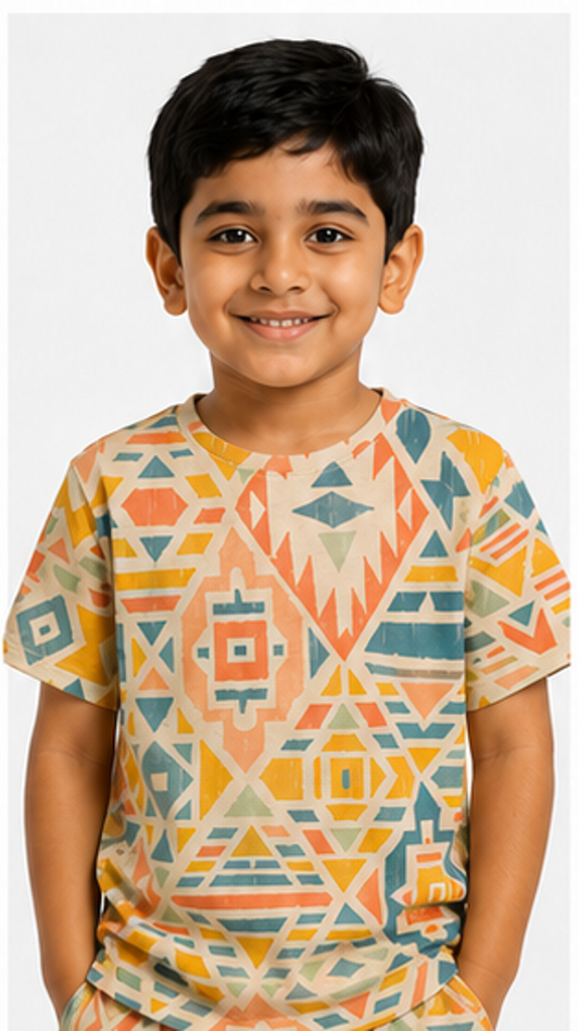 Kids Geometric Print Co-ord Set – Trendy Cotton T-Shirt & Shorts Set for Boys & Girls