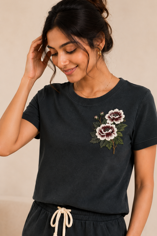 Women’s Black Floral Embroidered Co-Ord Set – Casual T-Shirt & Shorts Lounge Wear