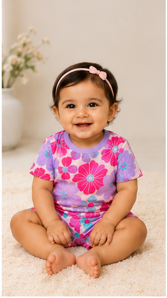 Bold Floral Kids Co-Ord Set – Pink & Purple Flower Printed T-Shirt & Shorts for Girls