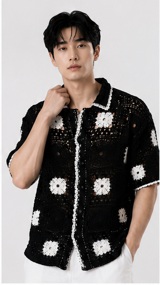 Men's Black Crochet Granny Square Knit Shirt – Handmade Premium Resort Wear Shirt