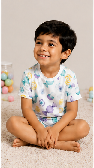 Kids Candy Print Co-ord Set | Cute Lollipop & Sweet Treat T-Shirt & Shorts Summer Outfit for Boys & Girls