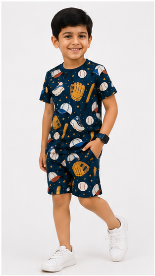 Baseball Sports Print Kids Co-Ord Set – Cotton T-Shirt & Shorts Summer Outfit for Boys