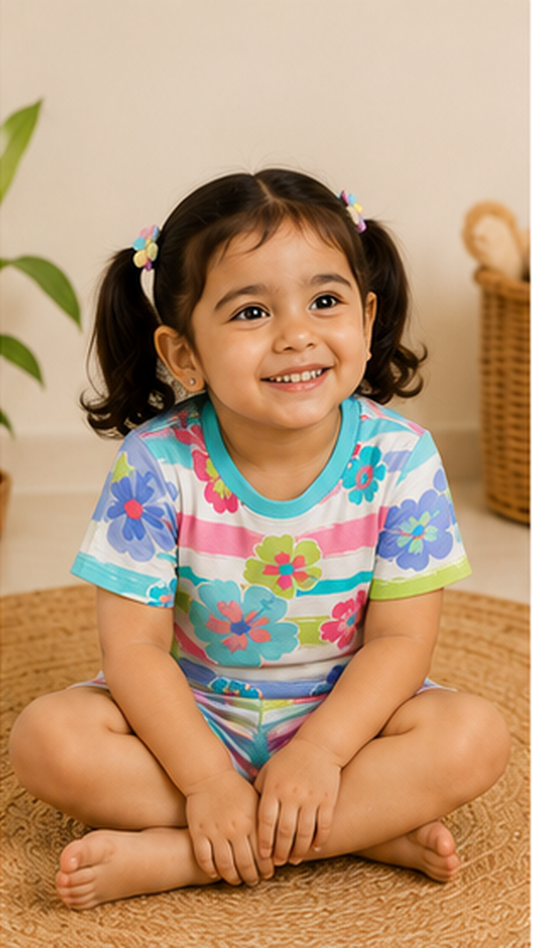 Floral Stripe Kids Co-Ord Set – Multicolor Flower Printed T-Shirt & Shorts for Girls