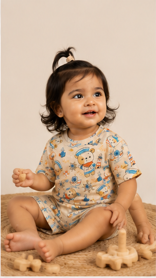 Cute Nautical Teddy Bear Kids Co-Ord Set – Sailor Theme Printed T-Shirt & Shorts for Girls