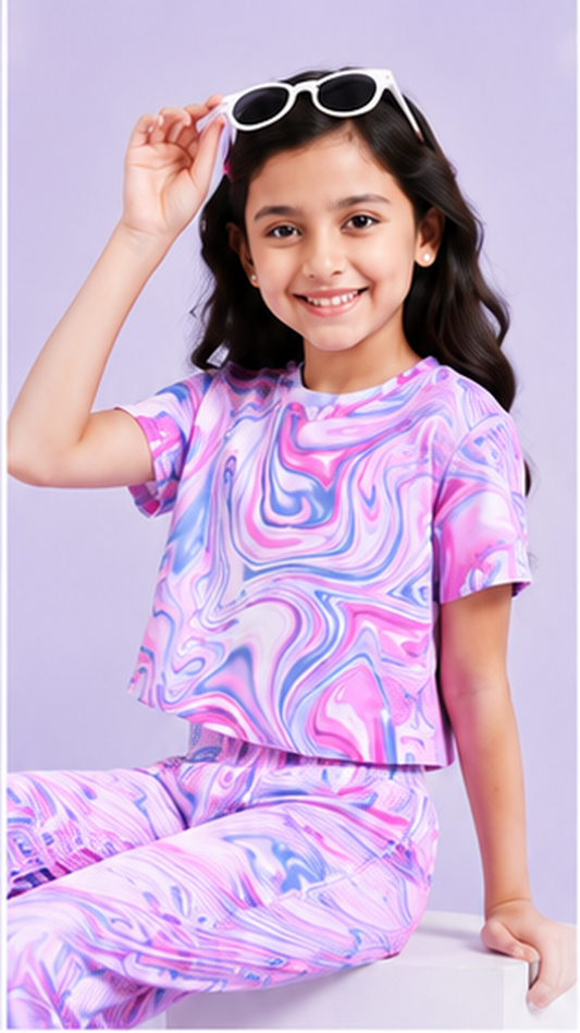 Girls Multicolor Marble Co-Ord Set | Kids Crop Top & Bell Bottom Pants Outfit | Trendy Party Wear for Girls