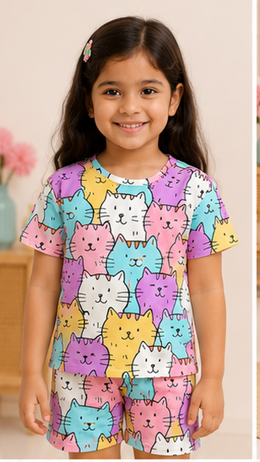 Cute Cat Print Kids Co-Ord Set – Multicolor Cartoon Kitty Cotton T-Shirt & Shorts