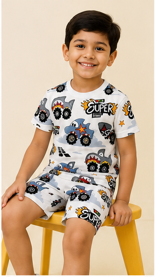 Super Truck Cartoon Print Kids Co-Ord Set – Cotton T-Shirt & Shorts Outfit for Boys