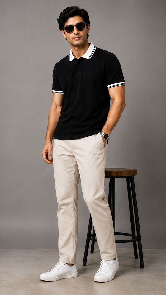 Men’s Premium Black Polo T-Shirt with White Contrast Collar & Sleeve Stripes