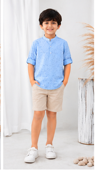 Boys Sky Blue Micro Print Cotton Short Kurta Shirt – Elegant Casual Kidswear