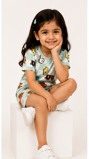 Urban Play Kids Co-Ord Set – Checkered Cartoon Printed T-Shirt & Shorts for Boys & Girls